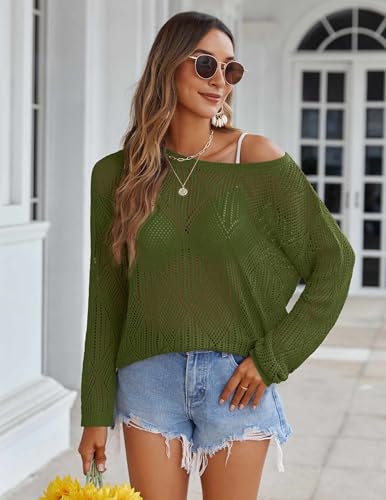 Image of Zeagoo Crochet Tops for Women Off The Shoulder Sweaters Summer Long Sleeve Hollow Out Knit Beach Clothes S-XXL