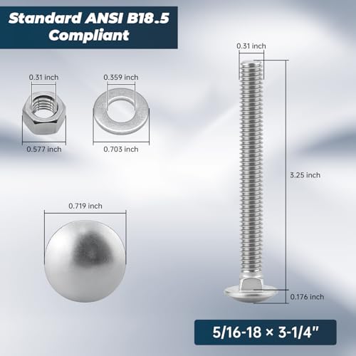 Image of 5 /16-18 x 3-1 /4 Inch Carriage Bolt Kit, 304 Stainless Steel (18-8) with Hex Nuts & Flat Washers - 8 Sets, Round Head Square Neck, Full Thread Coverage by Glvaner
