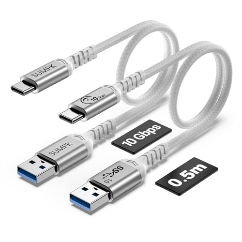 SUMPK 50cm USB C Kabel 60W Schnelllade [2 Packs], 10Gbps Datensynchronisierung USB A zu Typ C Ladekabel Kurz, kompatibel für Android Auto, CarPlay, Samsung Galaxy, iPad, iPhone 15/14/13, Weiß