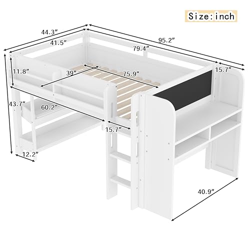Image of Twin Loft Bed with Multi-Storage Bookcases, Boxes and Drawers, Solid Wood Low Loft Beds with Desk and Blackboard, No Box Spring Needed (White-01)