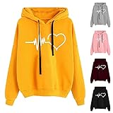 TWIOIOVE Einfarbig Hoodie Damen Liebesdruck Pullover Teenager Mädchen Lose Fleece Futter Sweatjacke Oversized Sweatshirt Kordelzug Kapuzenpullover mit Tasche Pull-On Kapuzenjacken, Gelb, L