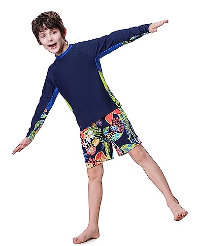 Boys Swimsuits 2 Piece Rash Guard Bathing Suit Long Sleeve Swimsuits Boys Trunks Sets For 5-14 Years Blue #TOP2