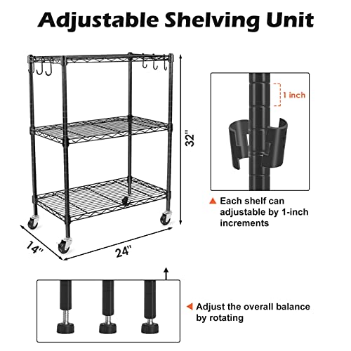 Image of WDT 3-Tier Storage Shelves, Heavy Duty Metal Shelves Wire Rack Shelving Unit, Adjustable Shelf with Wheels for Home Office Garage Kitchen Bathroom, 24 inch D x 14 inch W x 32 inch H