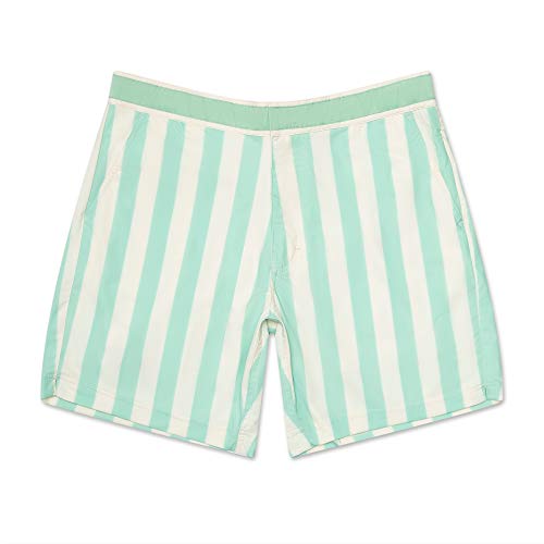 OKAICOS Men's Swim Trunks - Performance Stretch Board Short with Mesh Lining, Drawstring Swimwear Stripe Green, White