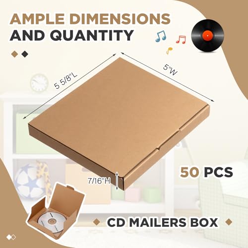 Image of Fuyoooo 50 Pcs 5 5 /8 inchl x 5 inchw x 7 /16 inchh Cd Mailer Box Cd Shipping Boxes Corrugated Mailing Bags for Moving, Shipping, Storage, or Small Business Packaging (Brown)