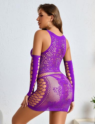 Image of Avidlove Fishnet Lingerie Womens Mesh Chemise One Piece Babydoll Mini Dress Lace Sparkle Rhinestone Lingeries for Women