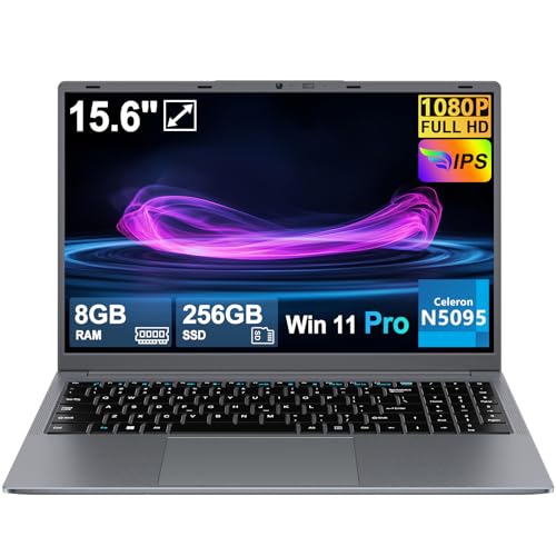15.6 inch Laptop, Celeron N5095 (Up to 2.9GHz), 8GB RAM 256GB SSD, Full HD 1080P IPS Display, Notebook Win11 Pro, Webcam, WiFi 5, Type-C, Mini HDMI, Numeric keypad Laptops for Business and Students
