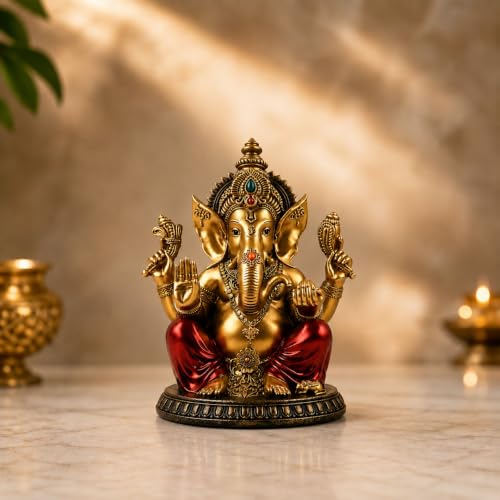 Image of ARMONIA Premium Lord Ganesha Idol for Home Decor - 6 Inch Handmade Ganesh Murti |Antique Finish Ganpati Statue for Mandir,Office Desk |Polyresin | Best Spiritual Gift for Diwali,Wedding & Housewarming