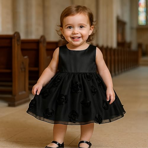 SOBOWO Baby Girl Black Dress Toddler Flower Sequin Tulle Sleeveless Birthday Wedding Formal Party Dresses Princess 0-24M2