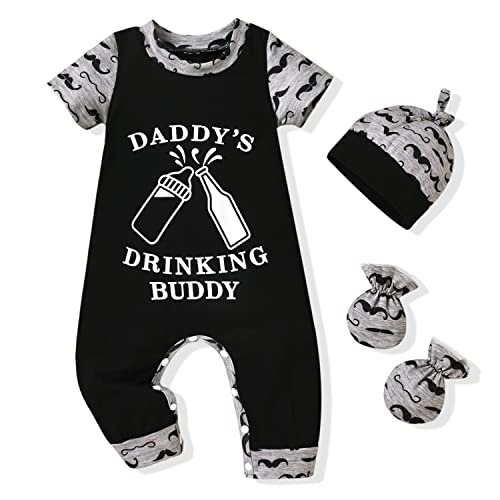 Image of HINTINA Newborn Baby Boy Romper Coming Home Outfits Letter Printed Jumpsuit Hat Glove Outfits