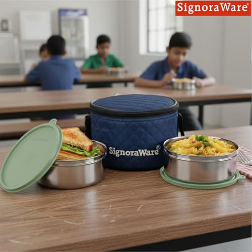 Image of SignoraWare Big Meal Stainless Steel Container Set | Airtight & Leakproof | Durable & Rust-Free | Ideal for Office, School, Home & Outdoor Use (800ml+800ml | Set of 2 | EGreen)