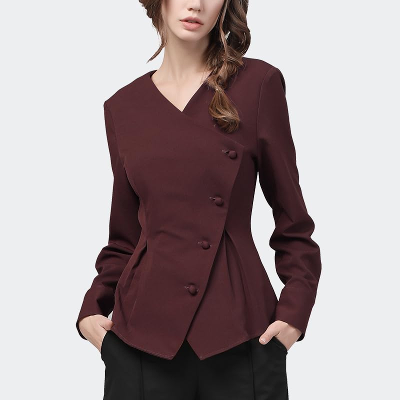 Chemise asymétrique Couleur Bonbon pour Femmes, Simple Boutonnage, Manches Longues, col en v, Taille Haute, Hauts Slim, Chemisiers de Bureau d'automne (Marron S)