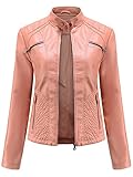  ORANDESIGNE Faux Leather Jacket Femme PU Biker Blouson Veste de Motard Vintage Blouson en Cuir PU Veste Moto Manteau Court Veste en Simili Cuir Zipper Veste en Imitation Cuir C Rose XXL