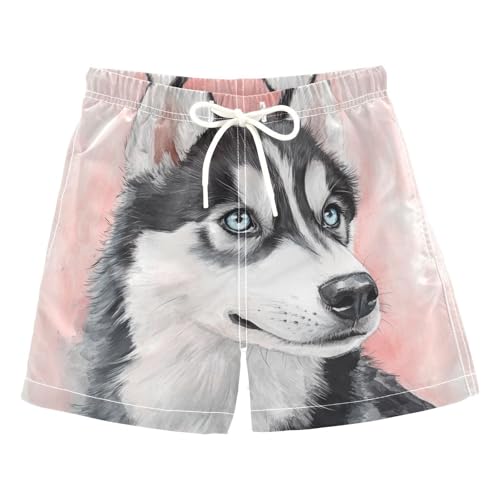 DOMIKING Husky Puppy Pink Toddler Boys' Swim Trunks Mesh Lining Swim Shorts for Hiking Swimming Adjustable Waist 2T