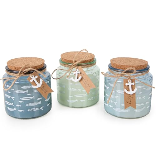 Logbuch-Verlag 3 candele in vetro color blu turchese azzurro in stile marittimo con pesce decorativo decorazione da tavolo casa bagno idea regalo battesimo comunione cresima 10 cm