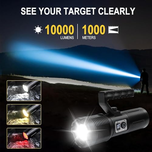 Image of Sarjak High Power Rechargeable Torch Light 1KM Range | 7200mAh Battery | Waterproof Emergency LED Light | Camping, Outdoor, Home Use | USB Charging | Self Defense Flashlight