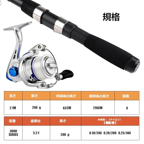Hikary 伸縮式釣り竿リールセット 2.1M 2本入り