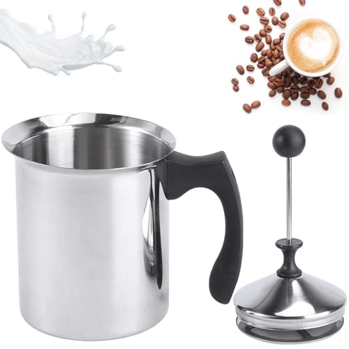 Milchaufschäumer Manuell 800ml Edelstahl Handmilchaufschäumer Manueller Schäumer mit Kaffee-Ziehdorn Perfekter Milchschaum Dank Doppeltem Sieb und Speziellem Drückmechanismus