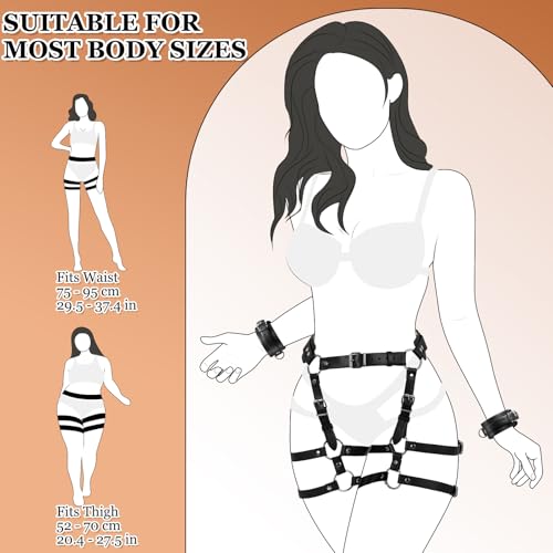 BDSM Bondage Taille Bein Harness Sex Fesseln Set, Leder Sexy Oberschenkel Harness für Frauen Sex, Verstellbaren Sexspielzeug mit Handschellen für Paare