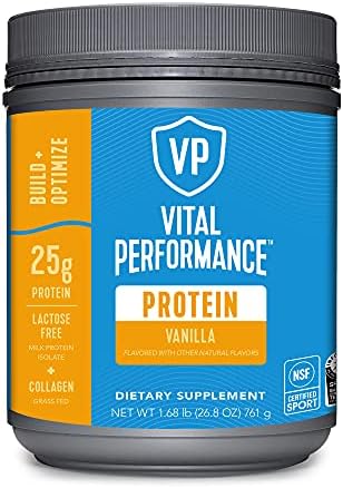 Vital Performance Protein Powder, 25g Lactose-Free Milk Protein Isolate Casein & Whey Blend, NSF for Sport Certified, 10g Grass-Fed Collagen Peptides, 8g EAAs, 5g BCAAs, Gluten-Free Vanilla, 1.68lb