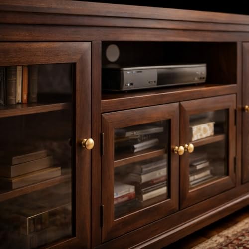 Image of Solid Sheesham Wood TV Unit for 55 Inch & Above | Handcrafted Entertainment Cabinet with Glass Door Storage | Rustic Finish | Pre-Assembled | 70x30x18 Inch | Living Room Furniture