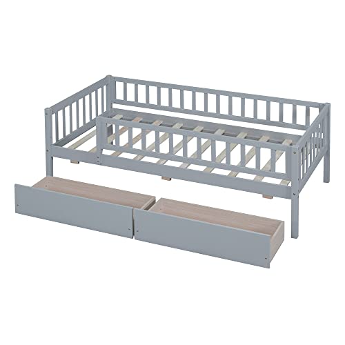 Deinppa Twin Bed With Drawers, Kids Daybed With Storage, Wooden Bed Frame With Slat For Kids Children Toddlers Boys Girls-Grey #TOP3