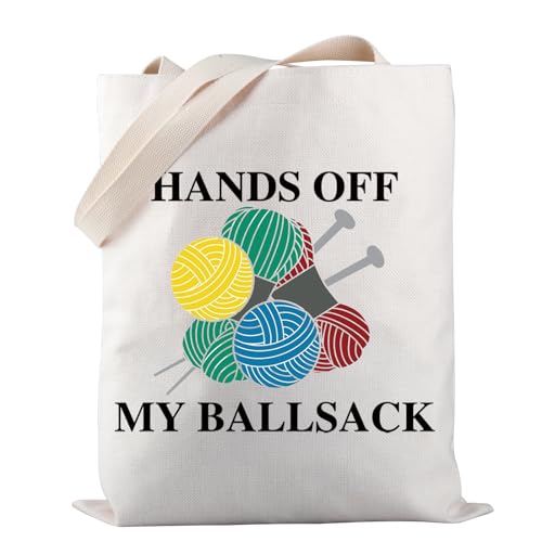 PWHAOO Knitting Project Bag Hands Off My Ball Sack Knitting Humor Gift Yarn Bag Knitting Bag Mothers Day Gift (Hands Off My Ball Sack TB)