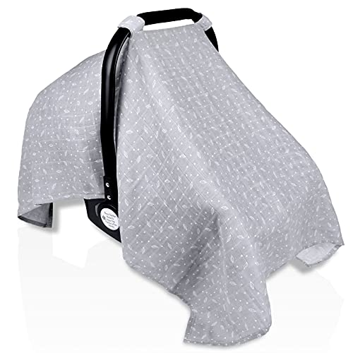 Baby Car Seat Cover, Rquite Muslin Carseat Canopy, Unisex Large Lightweight Breathable Infant Stroller Car Seat Covers Fit Summer Autumn Shower Gifts for Newborn (Grey LeafΓ―ΒΌβ° Baby Car Seat Cover, Rquite Muslin Carseat Canopy, Unisex Large Lightweight Breathable Infant Stroller Car Seat Covers Fit Summer Autumn Shower Gifts for Newborn (Grey LeafΓ―ΒΌβ°