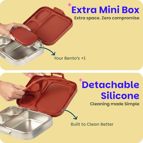 Image of Basil Bento Box Quad Plus - 3+1 Compartment Stainless Steel Lunch Box (1020ml) with BPA-Free Lid | Leak-Proof Tiffin for Kids & Adults | Premium Lunch Box for School, Office & Picnic - Tanjore Kolam