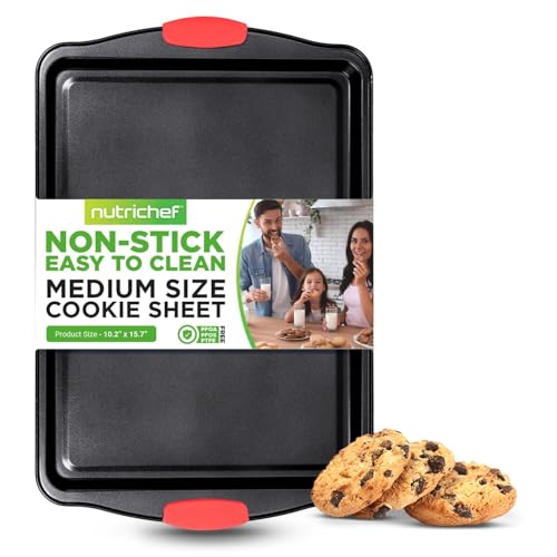 15” Non-Stick Cookie Sheet - Medium Grey Commercial Quality Carbon Steel Bakeware with Red Silicone Handles, Compatible with NCSBS3S