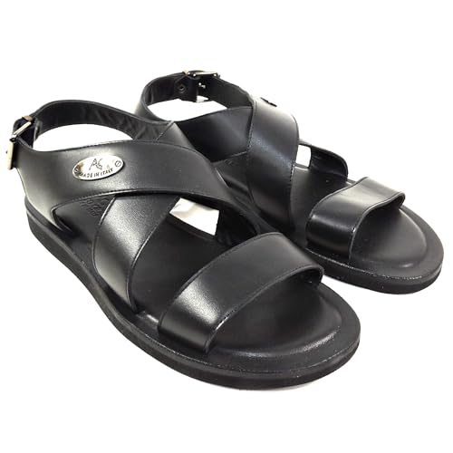 Men's Black Leather Comfort Sandals, Italian Crafted Summer Flat Footwear, Size 42.52