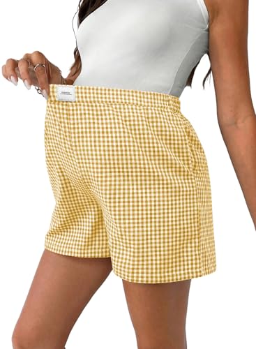 BLENCOT Women Casual Shorts for Maternity Cotton Elastic Waisted Wide Leg Plaid Checkered 2026 Fashion Grid Pregnancy Shorts Trousers Yellow Cream 2XL