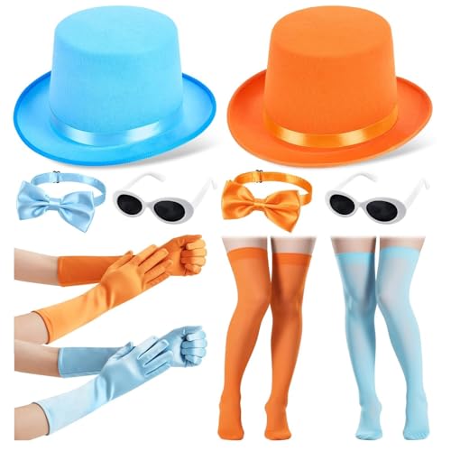 APUDWN 10 PCS Halloween Orange and Blue Womens Costume Accessories Set with Orange Blue Hats Stocking Ties Gloves Glasses Classic Duo Cosplay Outfit for Halloween Party Bestie or Couple Dress Up