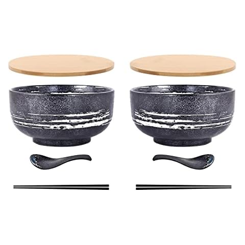 Sayopin 2x Japanese Ramen Noodle Bowls with Lid Spoon, Ceramic Ramen Bowl Hand Drawn Rice Bowl Retro Tableware Noodle Bowl 6.5 inch Cover