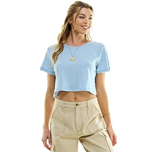 Women’s Boxy Crop Top Round Neck Short Sleeve Casual 100% Cotton Cropped Tee T-Shirt