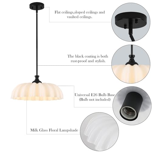 Image of 15.7 inch Vintage Modern Black Chandelier with Floral Milk White Glass Shades, Adjustable Height Pendant Light for Kitchen Island, Dining Room, Bedroom