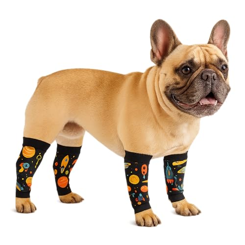 Image of Petwarm Dog Recovery Leg Sleeves 4pcs Set Rocket Print - Breathable Anti-Lick Dog Leg Sleeves, Surgery Recovery Wraps for Joint Support, 4-Pack for Small Dogs, Black Gold, S