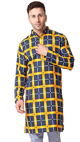 SKAVIJ Men's Printed Checkered Cotton Tunic Casual Kurta Shirt Great (Navy Gold, Large)