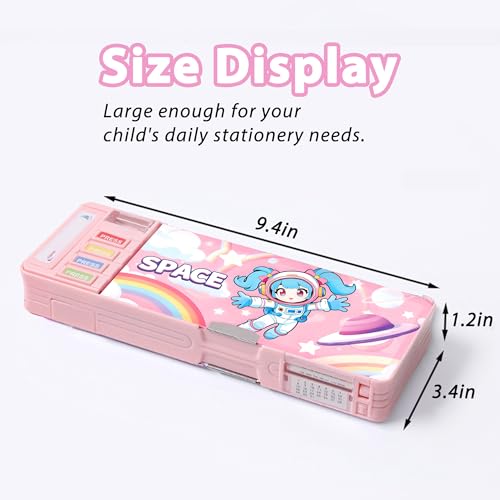 Image of Pop Up Multifunction Pencil Case with Pencil and Eraser, Cute Cartoon Pen Box Organizer Stationery, Sharpener, Schedule, Best Birthday Gifts for Kids Teens(Pink astronaut)