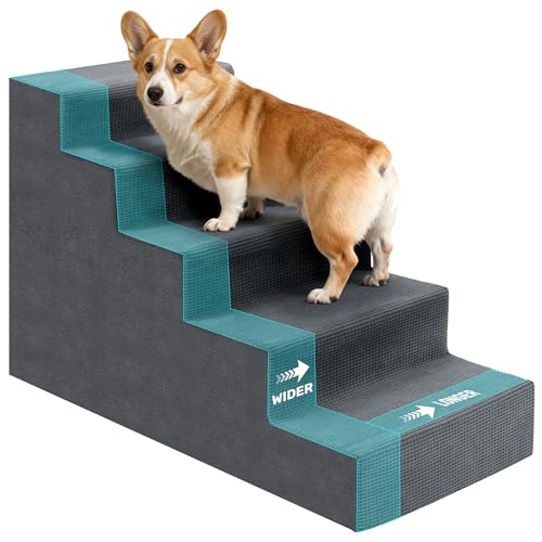Dog Stairs for Bed, Extra Wide 5-Step Dog Steps for High Bed, High-Density Foam Pet Stairs with Non-Slip Removable Washable Cover for Small Pets, 23" H, Grey