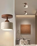 WOSBO Yellow Travertine Ceiling Light, 4.7' Diameter Modern Wabi Sabi Ceiling Light Fixture with Natural Stone Lampshade Wood Base Semi Flush Mount MCM Ceiling Lamp for Bedroom Hallway(No Bulb)