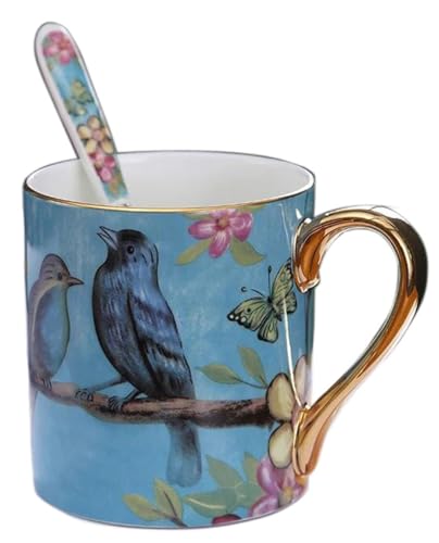 YBK Tech Tasse à thé en porcelaine anglaise pour la maison, la cuisine, le bureau - Motif oiseaux (bleu)