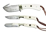 Puma SGB Trophy Care Set White Smooth Bone Handles Hunting Knives with Leather Sheath