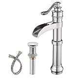 Aquafaucet Waterfall Vessel Sink Faucet Chrome Pop Up Drain Assembly Stopper Spout Single Handle Lever One Hole Bathroom Commercial