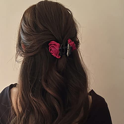 Image of Young & Forever Red Rose Fabric Flower Hair Claw Clip for Women & Girls | Large Glossy Black Acrylic Hair Catch Clutch for Thick & Long Hair | Elegant Floral Hair Accessory for Weddings, Parties & Everyday Wear