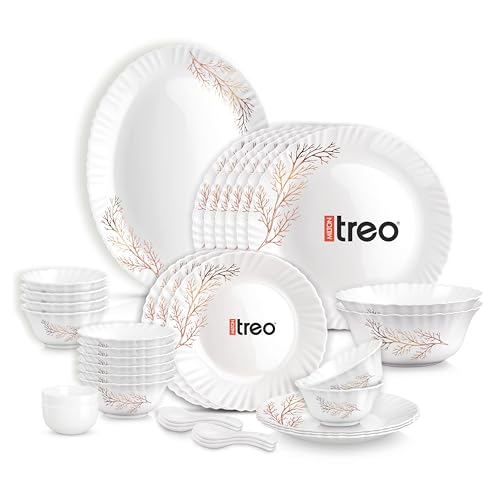 Image of Treo by Milton Opalware Aurelia Silvia Dinner Set of 35 | Serving for 6 | Microwave & Dishwasher Safe | Bone-Ash Free | Tempered Toughness | Plates, Bowls, Spoons | Crockery Set for Dining & Gifting