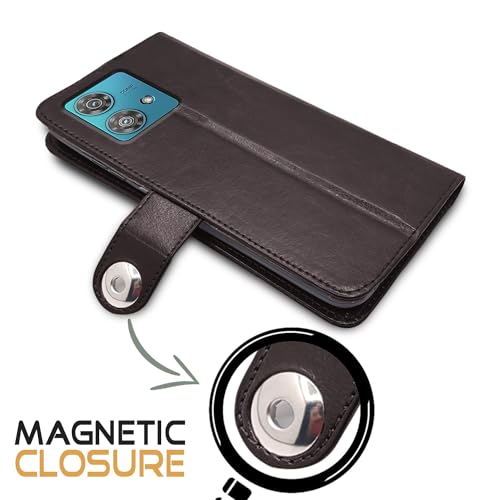 Image of Pikkme Moto Edge 40 Neo 5G Flip Cover Leather Finish | Wallet Stand and Shock Proof | Inside TPU with Card Pockets | Complete Protection Button Flip Case (Coffee)