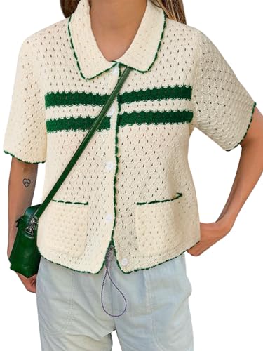 Yousify Womens Striped Short Sleeve Sweater Casual Knitted Button Down Crochet Cardigan Vintage Y2k Hollow-Out Tops