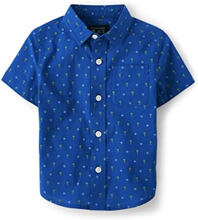 The Children's Place Baby Toddler Boys Short Sleeve Button Down Shirt, Blue Palm Trees, 5T