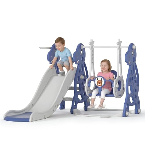 Froadp 4 en 1 Tobogán Independiente para Niños Slide de Juguete con Canasta de Baloncesto y Columpio para Interior y Exterior Tobogán Infantil Jardín Tobogán de Plástico PP y PE (Tipo B, 175x40x105cm)